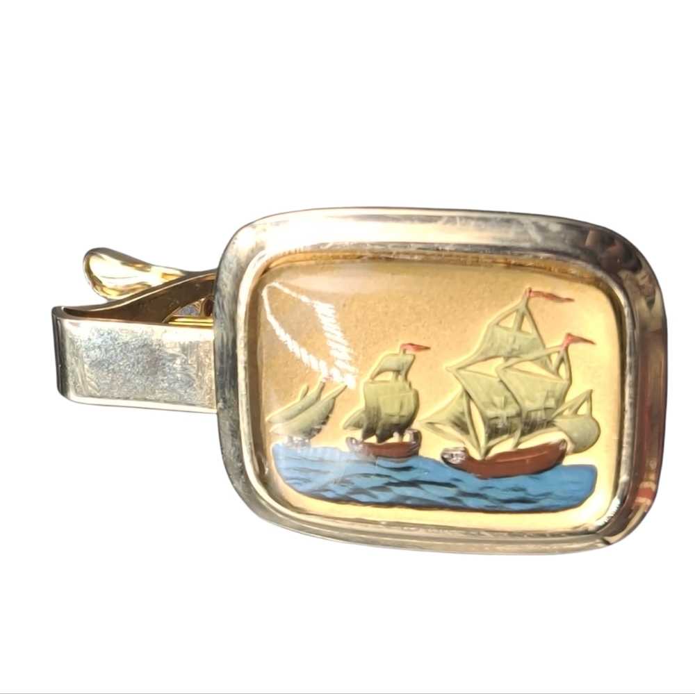 Vintage Nautical Ship Tie Clip Reverse Painted